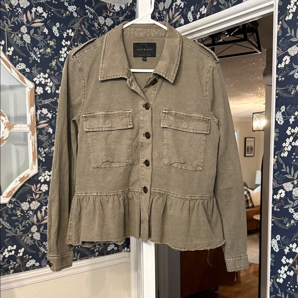 Lucky Distressed Raw Hem Army Green Jacket Size M